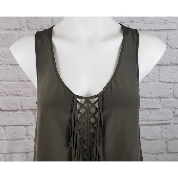 BCBGMaxAzria Mura Top/Tank ~ Dark Green/Olive Fringed 100% Silk ~ Size Small - Picture 3 of 9
